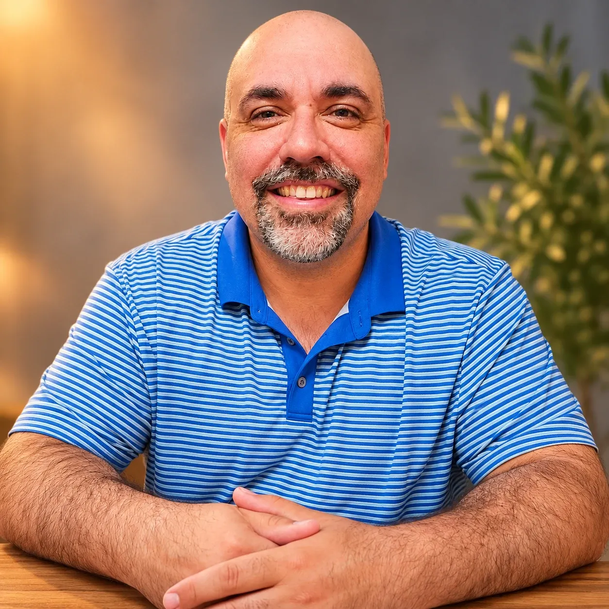 Eric Beaulieu, souriant, assis à une table